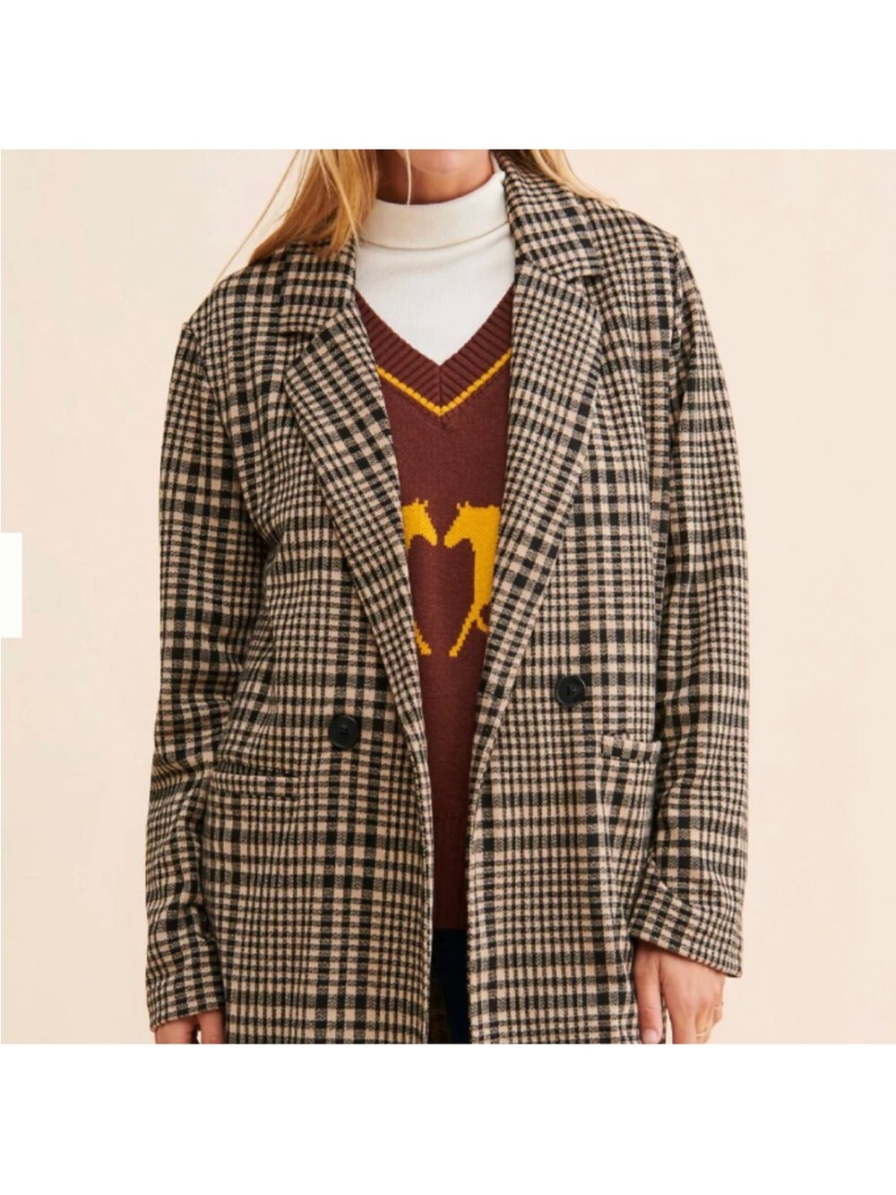 Sanctuary Checked Longline Blazer in Brown and Black